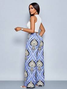 SOLERSUN 春夏女式优雅休闲度假风蓝色碎花印花长裤，松紧腰带配抽绳，直筒裤型 - 藍色 - 查看 2