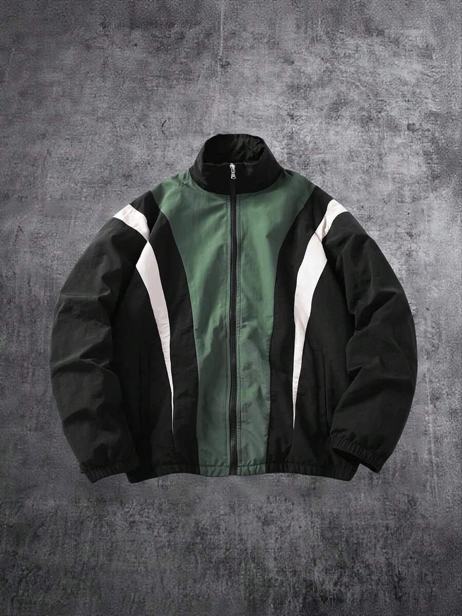 Manfinity ZONE917 Plus Size Men's Color Block Black, Green And White Trench Coat - Green - View 1