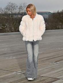 Mima John 秋冬新款高贵仿狐狸毛边饰大衣，时尚女式毛边蓬松外套 - 米色 - 查看 6