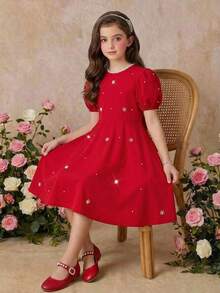 SHEIN 少女休闲优雅珍珠装饰泡泡袖拼接喇叭连衣裙，红色，春夏款 - 酒紅色 - 查看 6