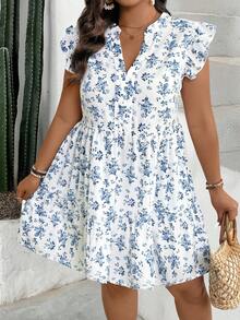 SHEIN PETITE Petite Women's V-Neck Cinched Waist A-Line Casual Vacation Dress With Ditsy Floral, Spring/Summer - Multicolor - View 4