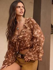 WESTFADE LONGSLEEVE WOVEN PRINTED TOP WITH TIE FRONT - Brown - View 4