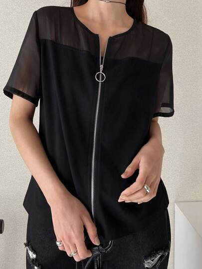 FRIFUL Women's Round Neck Button-Up Chiffon Patchwork Solid Color Blouse