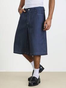 TOKVUE Men's Striped Print Letter Embroidery Loose Casual Denim Effect Shorts - Blue - View 2