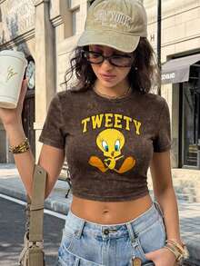 LOONEY TUNES X SHEIN 女士休闲时尚街头风日常通勤卡通字母印花短袖修身露脐T恤，夏季 - 白色 - 查看 1