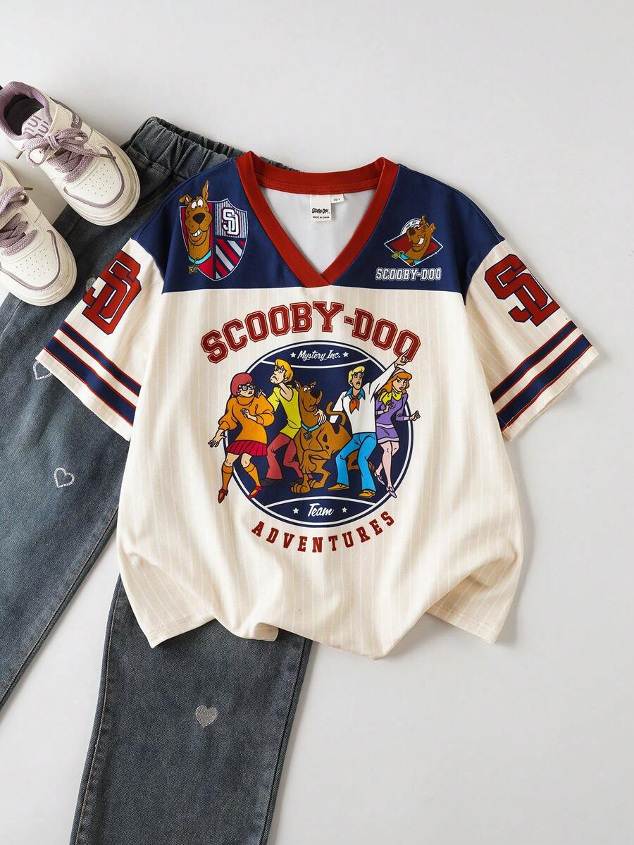 SCOOBY-DOO X SHEIN 少女休闲时尚街头风日常通勤卡通字母印花撞色V领宽松T恤,夏季 - 杏色 - 查看 1