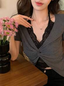 DAZY Women's Lace Patchwork Korean Style Short Sleeve Casual T-Shirt Summer - Grey - View 6