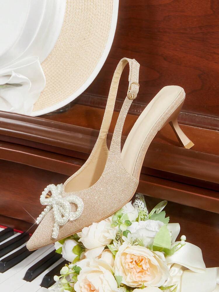 CUCCOO HITCHD Pointed Toe Bow Faux Pearl Decor Women's High Heel Pumps, Elegant Office & Commute Heels Valentine's Day Elegant Shoes