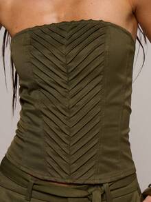 MUSERA Stitching Detail Fitted Strapless Crop Top Spring Summer Sexy Date Night Club Festival Holiday Night Out Vacation Soul Ties - Army Green - View 6