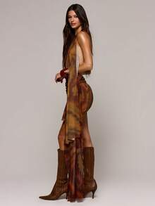 MUSERA 褶皱佩斯利印花高领垂褶系带修身迷你连衣裙，春夏性感约会夜店节日假日外出度假之选 - 彩色 - 查看 3