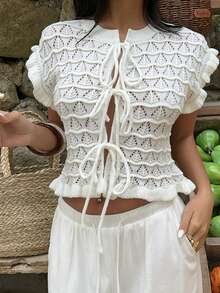 Sunnyshic Women's White Hollow Casual Ruffle Bow Tie Fashionable Versatile Summer Short Sleeve Thin Cardigan - White - View 3