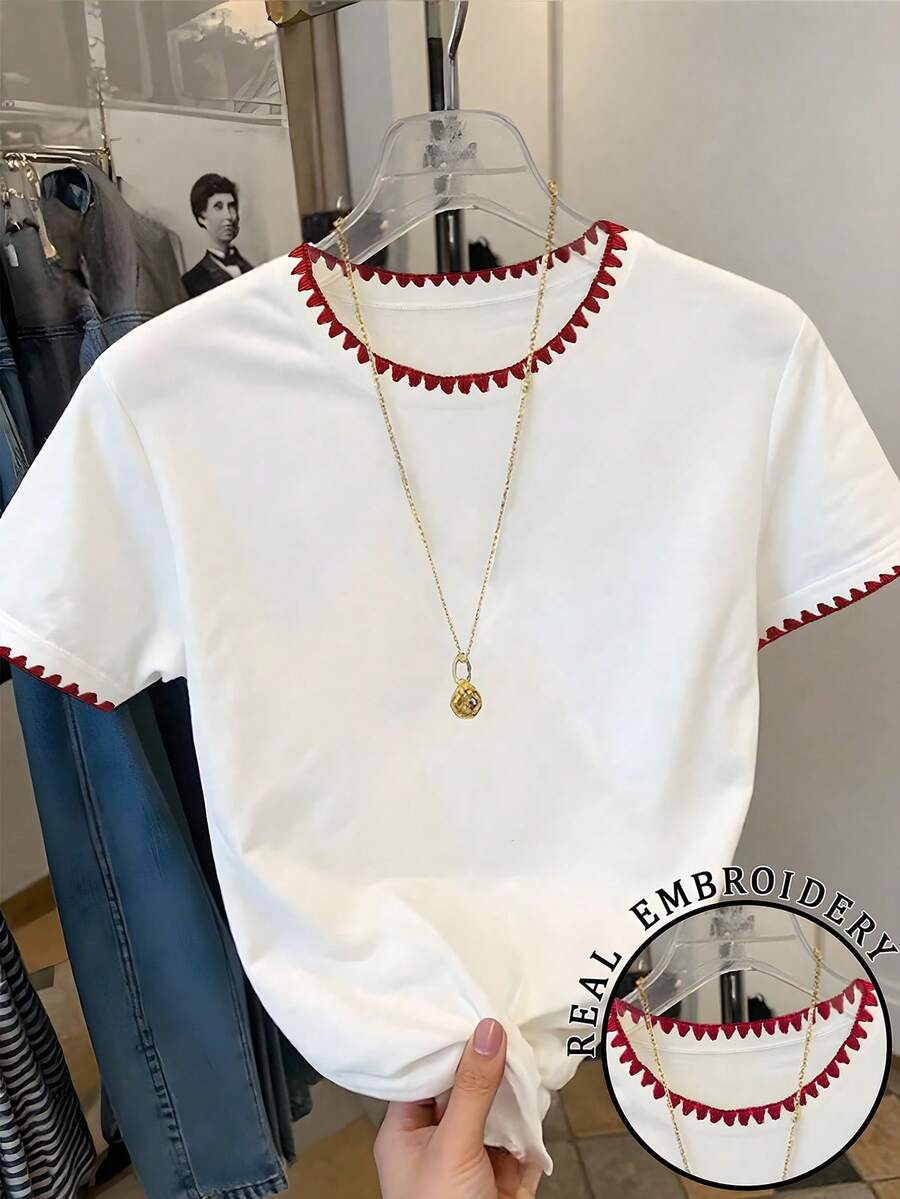 1 buah Kaos Lengan Pendek Minimalis Kasual untuk Anak Perempuan Remaja, Dekorasi Kerah Bordir, Potongan Longgar, Gaya Lucu dan Serbaguna, Cocok untuk Musim Semi & Musim Panas - Putih - View 1