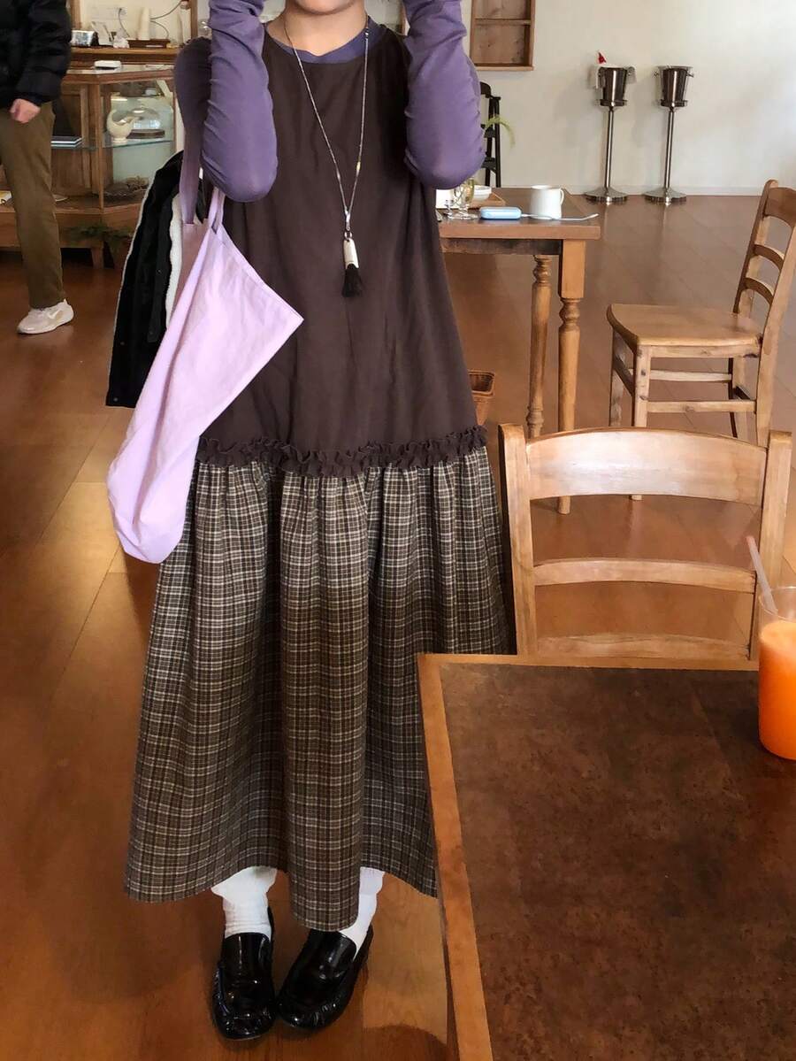 DAZY 女士圆领韩版长款格子拼接无袖连衣裙夏季连衣裙 - 咖啡 - 查看 1