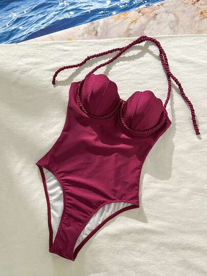 Swim Chiccia Women's Beach Outfit, Pink-Purple Shimmery Fabric, Shell Rope Design, Fashionable Casual Resort Sexy Sweet Cute, One-Piece Swimsuit For Women