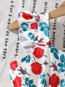 SHEIN Genkimix Kids Vestido de niña con estampado de rosas, tirantes finos y volantes en el bajo, estilo campestre de vacaciones, primavera/verano - Multicolor - Ver 4