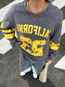 Muchica Sudadera holgada de estilo casual y urbano con estampado numérico, de letras y estrellas, cuello redondo y hombros caídos, para primavera/otoño - Multicolor - Ver 3