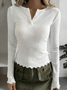 Dazy Tall Tall Women's Ribbed Half-Zip Fitted Long Sleeve Elegant Pullover T-Shirt - White - View 8