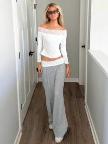 Sydney Algeri 女士冬季街头服饰外出休闲返校复古日常服饰 Y2K 罗纹针织白色翻领长裤法式灰色喇叭裤 - 灰色 - 查看 1
