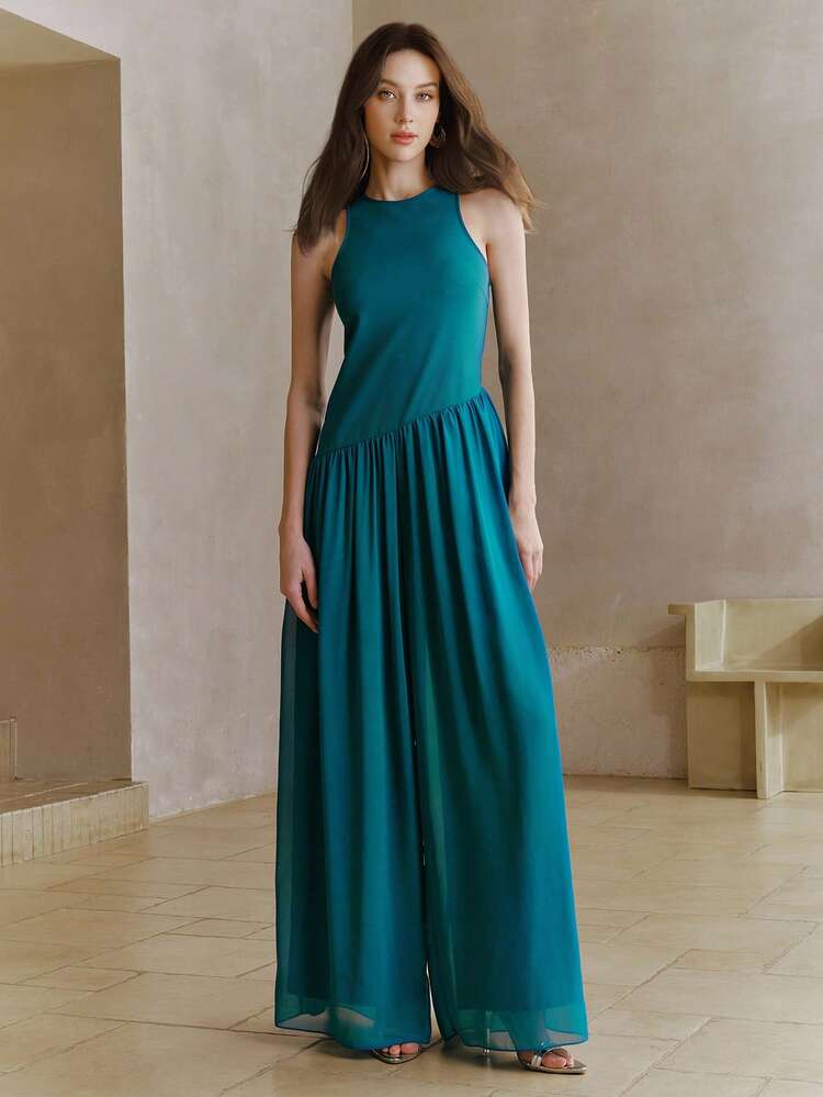 Summer New Knitted Camisole Patchwork Ruched Draped Jumpsuit, Women Long Dress For Summer