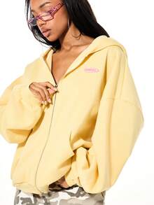 SUMWON WOMEN Áo hoodie nữ dáng rộng có khóa kéo toàn thân, thiết kế logo đồ họa lớn màu hồng ở phía sau, phong cách thường ngày, thích hợp cho đường phố. - Màu vàng - Xem 5