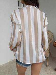 SHEIN Holidaya Women's Khaki Striped Notched-Neck Loose Shirt,Blue And White Stripe,Autumn,Boho,Vacation,Holiday,Ruffled Long Sleeve Lace Trim Peasant Blouse Tops - Khaki - View 3