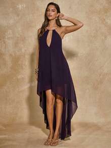 SHEIN BAE Women's Casual Vacation Chiffon Asymmetrical Hem Metal Ring Halter Dress, Suitable For Casual Vacation, Beach Vacation, Sisters' Gathering, Romantic Vacation, Purple Chiffon Dress With Asymmetrical Hem - Purple - View 2