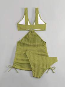 Swim Vcay Women's Solid Color Hollow Out Vacation Style Bikini Set - Green - View 5