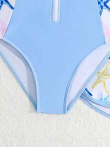 SHEIN 少女海星印花拉链连体泳衣，适合度假、游泳池、夏季假日派对、休闲海滩穿着。少女泳衣套装，少女全包覆泳衣，少女泳衣，少女泳衣，女士夏季泳装，少女泳衣，保守款泳衣，少女长袖泳衣，拉链泳衣，少女长袖泳衣，长袖防晒泳裤，女士夏季两件套泳衣。 - 藍色 - 查看 4