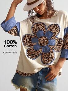 Bohemela 大码女式休闲时尚街头豹纹花卉印花落肩宽松 T 恤，春/秋 - 杏色 - 查看 9