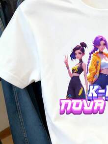SHEIN Explorewe 1件可爱韩流女孩卡通人物印花宽松白色短袖上衣，适合青少年女孩，适合春、夏、秋、冬四季穿着，是送给女孩的完美圣诞礼物。 - 白色 - 查看 4
