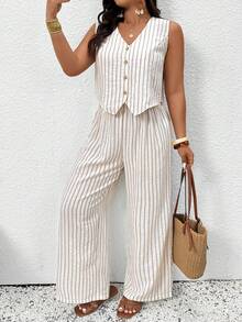 SHEIN Frenchy 大码女式休闲度假通勤条纹印花无袖背心和阔腿裤套装，春夏款 - 杏色 - 查看 6