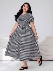 Solflare 大码女式夏季休闲通勤格纹印花花瓣袖褶皱腰身中长连衣裙 - 彩色 - 查看 4