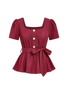 GlowEve New Arrival Wine Red Square Collar Cinched Waist Ruffle Hem Pearl Button Casual Commuter Versatile Elegant Slim Fit Blouse For Women - Red - View 4