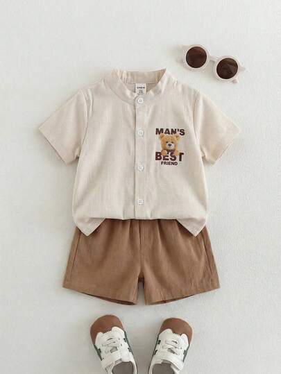 SHEIN Playful Pals 6-36 Months Infant Toddler 2pcs Set, Baby Boy/Girl Unisex Khaki Striped Bear Print Short Sleeve Shirt + Solid Color Elastic Waist Shorts, Children Casual Outfit For Spring Summer, Daily Wear, Vacation Brown Summer Outfit For Toddler Boys Linen Outfit Boy Summer Sets Baby Boy Casual Shorts Set Baby Boy Short Set Baby Clothes Toddler Co Ord Baby Boy Set Summer  Boys Button Up Outfit Boy Outfit Sets New Born Clothes Set Boy