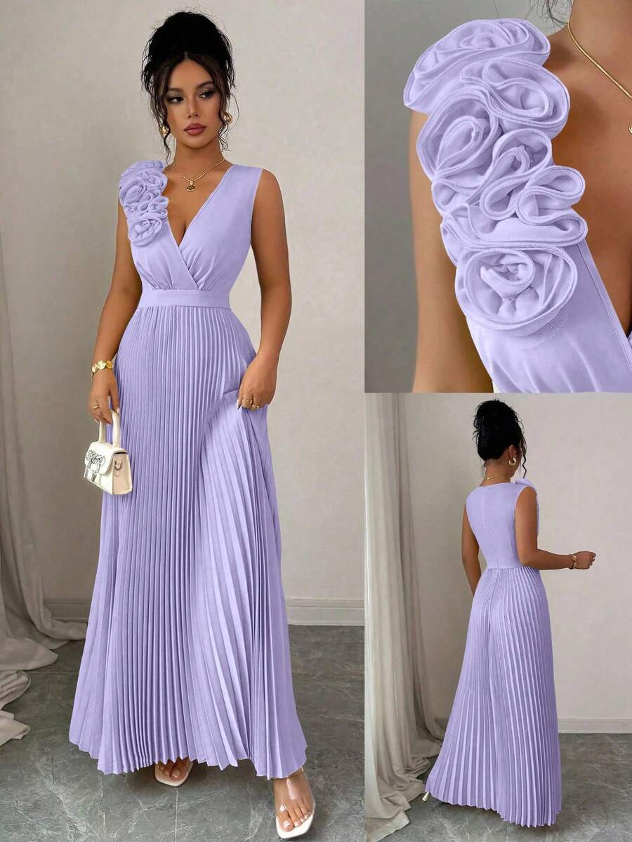 Elenzga Summer Lavender V-Neck Waist Cinched Dress With 3D Floral Applique, Elegant A-Line Pleated Dress - Purple - View 1