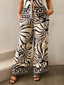 SHEIN SXY Women's Summer Vacation All-Over Print Tie Front Top And Pants Set,Summer, Spring,Beach,Going Out,Vacation, Pattern Pants, Zebra Pants, Printed Pants, Boho Pants, - Multicolor - View 4
