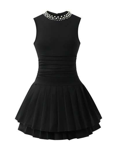 Girls' Elegant Beaded Sleeveless Fitted Low Waist Pleated Mini Skirt Knit Dress, Suitable For Formal Occasions And Banquets, Spring/Summer