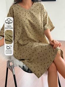 DAZY Pineapple & Geometric Floral Pattern V-Neck Loose Women Nightgown - Green - View 3