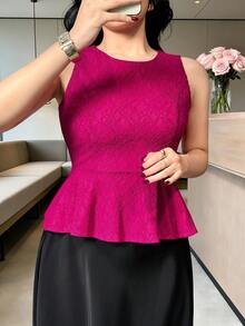 DAZY Damen elegante einfarbige Spitzen-Rundhals-Bluse, Sommer - Heißes Pink - Übersicht 3