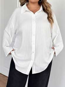 SHEIN CURVE+ 大码女式休闲宽松轻薄长袖白色罩衫 - 白色 - 查看 7