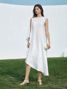 Ontre Vestido de mujer de marfil cómodo y suave de satén texturizado con cuello barco ajustado, sin mangas, diseño asimétrico, volante lateral, cierre con hebilla metálica, decoración elegante y moderna para invitada de boda, minimalista, romántico, francés, lujoso, urbano, elegante, casual de oficina, vintage discreto, de alta gama para viajes urbanos, esencial para aeropuerto y crucero en Oriente Medio, vestido versátil para todas las estaciones de la serie de bodas - Blanco - Ver 5