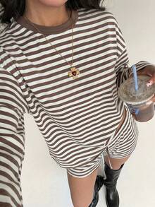 Aloruh Bộ đồ nữ cổ tròn, vai rớt, tay dài, dáng rộng, kẻ sọc, 2 mảnh - Màu Khaki - Xem 5