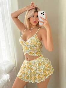 Sweetina Women's Summer New Asymmetrical Rose Print Top And Mini Skirt Set, Pink - Yellow - View 5