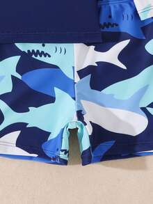男童鲨鱼印花长袖泳衣套装 - 藏蓝色 - 查看 4