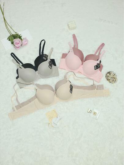 WOVISNI Paquete de 6 sujetadores para mujer, copa B, 6 colores, copas cómodas de cobertura total, cierre de ganchos y ojales de tres filas, tirantes ajustables, decoración de lazo, sujetador con diseño de gofre, sujetador sexy a cuadros de color sólido.