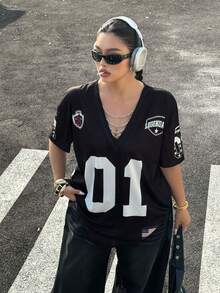 Muchica Áo thun nữ cỡ lớn cổ chữ V tay ngắn dáng rộng thoải mái đa năng, thích hợp cho mùa xuân/hè, phong cách lễ hội 2026, đi chơi, nghỉ lễ, áo thun in hình, màu đen, áo mùa hè. - Nhiều màu - Xem 5