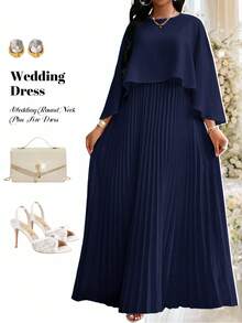SHEIN CURVE+ Gaun Plus Size Sederhana Elegan Warna Polos dengan Hem Berlipit untuk Acara Gereja, Malam Formal, Pernikahan, Pesta Pernikahan, Biru Tua, Musim Gugur - Navy Blue - View 6