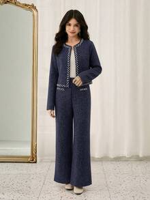 优雅时尚圆领常规肩长袖短款粗花呢外套搭配高腰宽松直筒裤套装，少女款 - 藏蓝色 - 查看 3