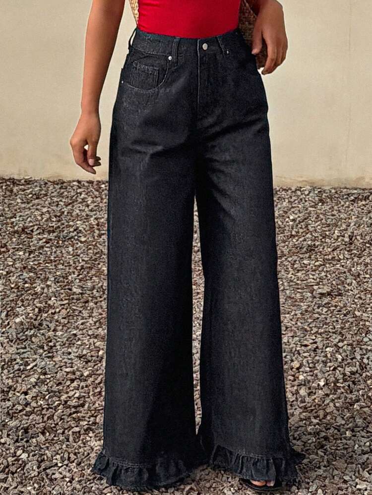 Women's Regular Waist Floral Lace Trim Straight Leg Casual Jeans