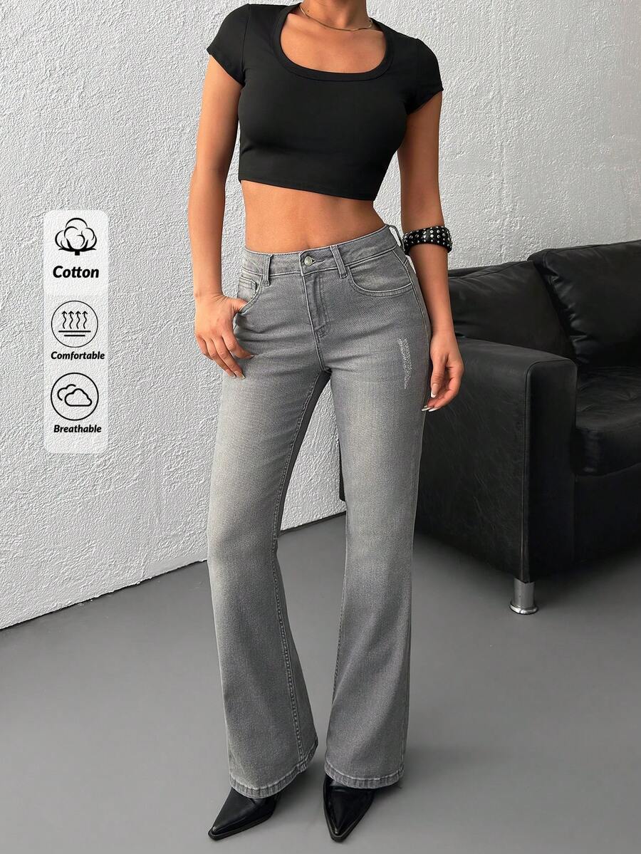 Women's High Waist Pockets Casual Versatile Flare Leg Jeans - Grey - View 1